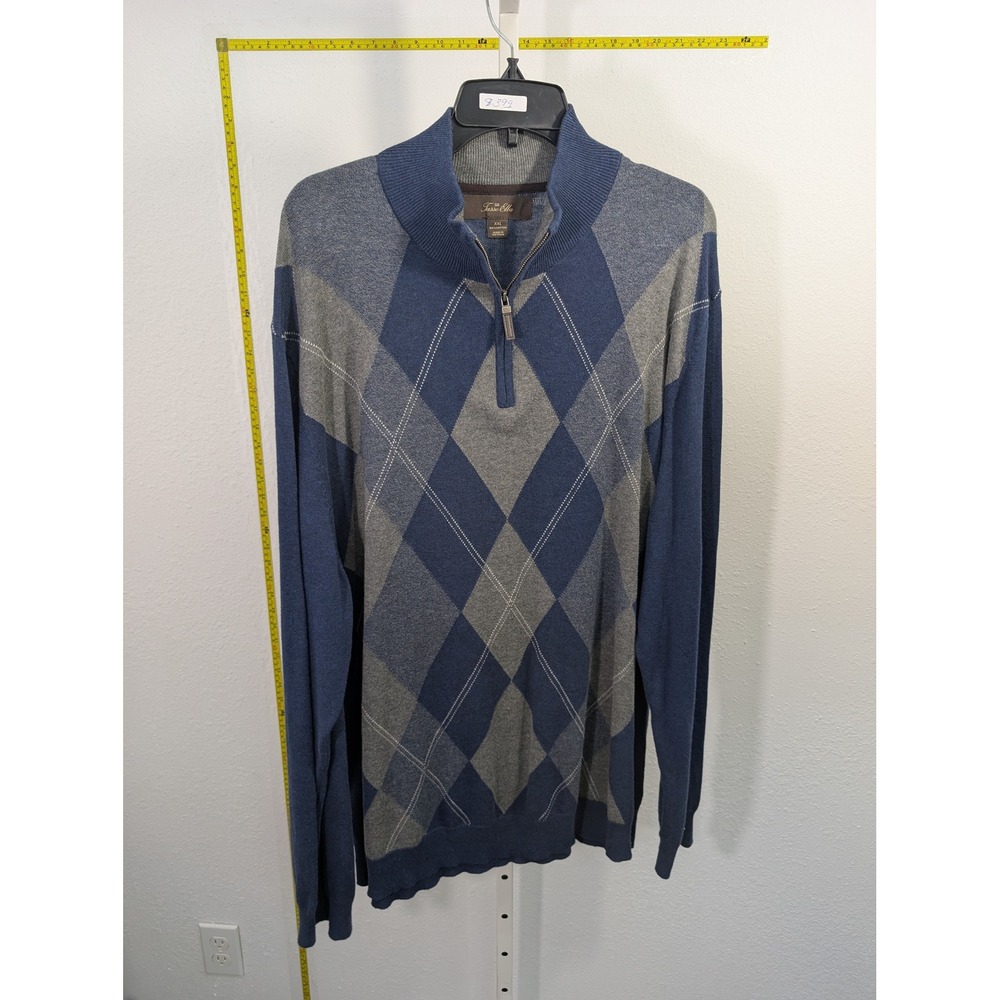 Tasso‎ Elba Mens XXL Blue Grey Argyle 1/4 Zip 100% Cotton Pullover Sweater